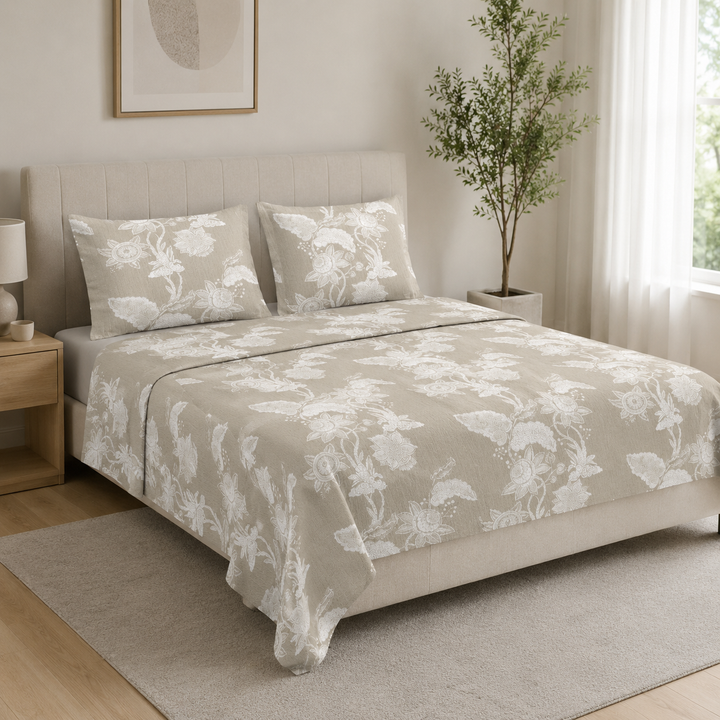 Aarniva 100% Cotton Bedsheet Set | King/Queen | Soft & Breathable | Taupe Floral | 4-Piece Set