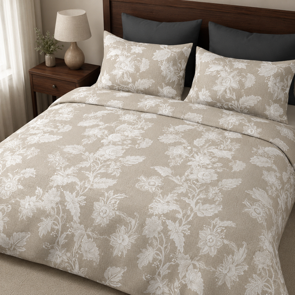 Aarniva 100% Cotton Bedsheet Set | King/Queen | Soft & Breathable | Taupe Floral | 4-Piece Set