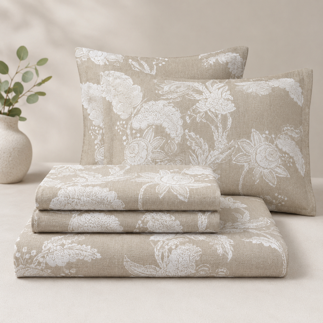 Aarniva 100% Cotton Bedsheet Set | King/Queen | Soft & Breathable | Taupe Floral | 4-Piece Set