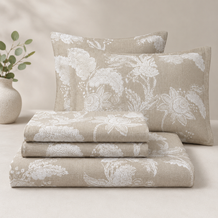 Aarniva 100% Cotton Bedsheet Set | King/Queen | Soft & Breathable | Taupe Floral | 4-Piece Set