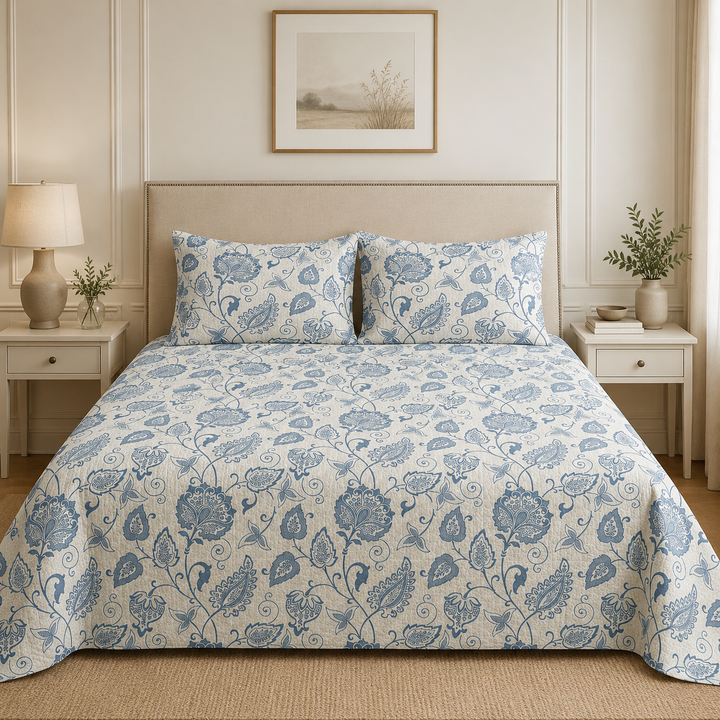 Aarniva 100% Cotton Bedsheet Set | King/Queen | Soft & Breathable | Blue Paisley | 4-Piece Set