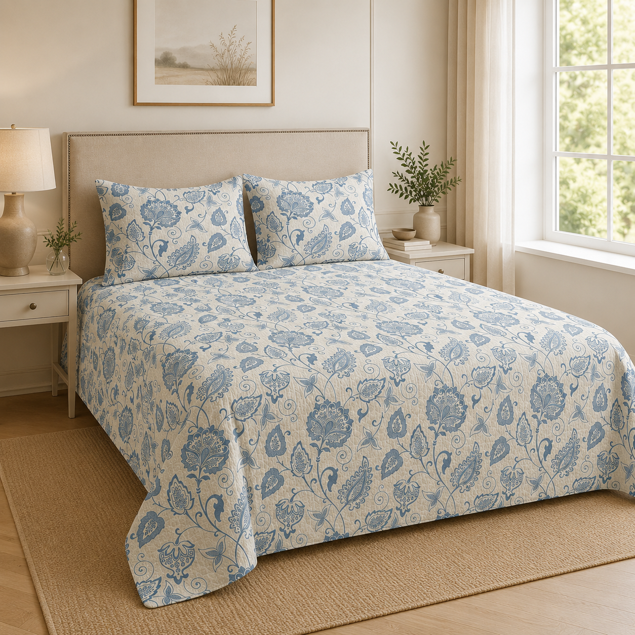 Aarniva 100% Cotton Bedsheet Set | King/Queen | Soft & Breathable | Blue Paisley | 4-Piece Set