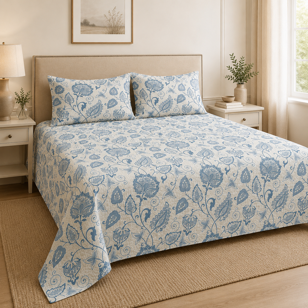Aarniva 100% Cotton Bedsheet Set | King/Queen | Soft & Breathable | Blue Paisley | 4-Piece Set