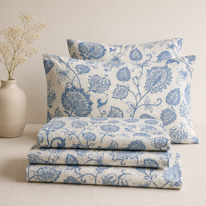Aarniva 100% Cotton Bedsheet Set | King/Queen | Soft & Breathable | Blue Paisley | 4-Piece Set