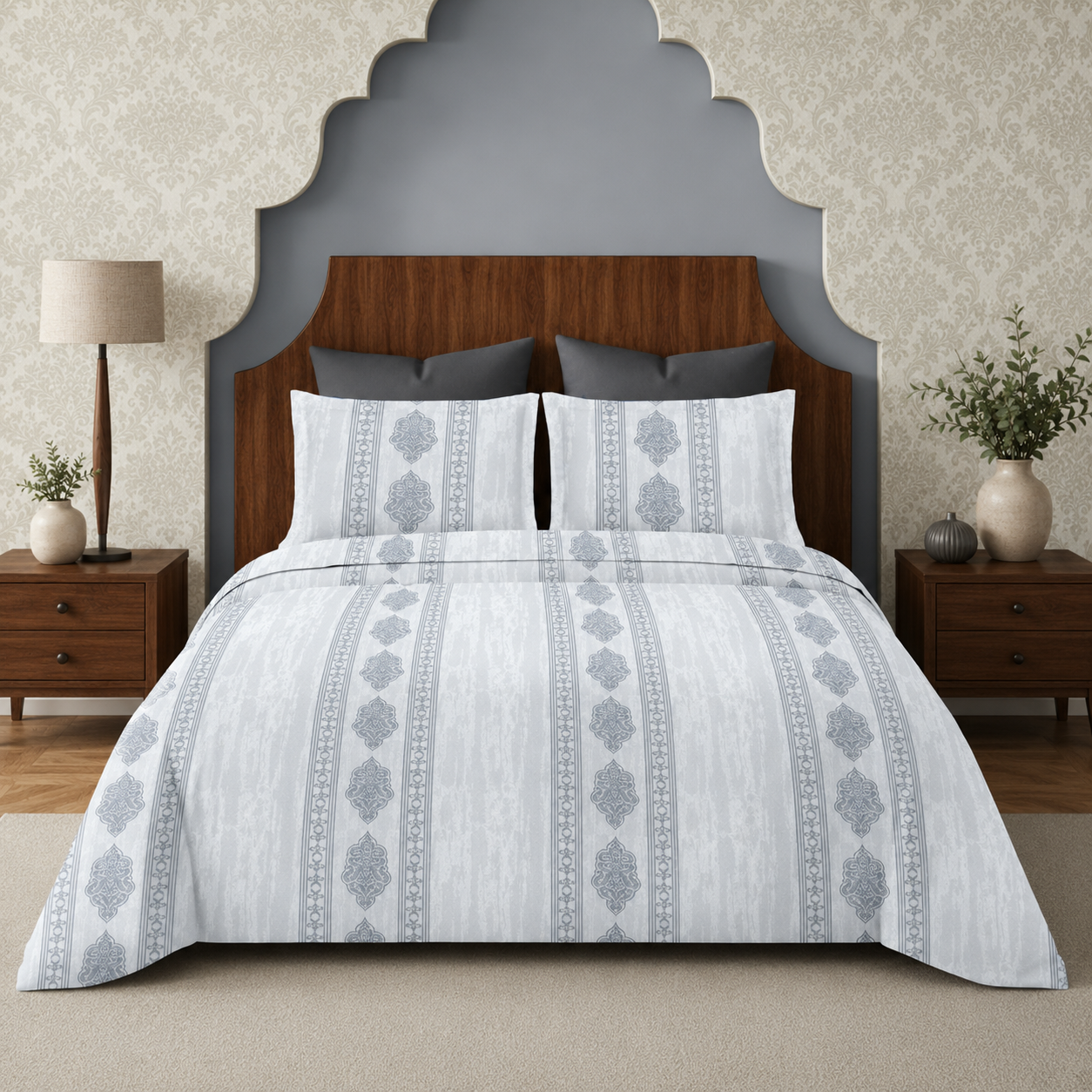 Aarniva 100% Cotton Bedsheet Set | King/Queen | Soft & Breathable | Silver Medallion Stripe | 4-Piece Set