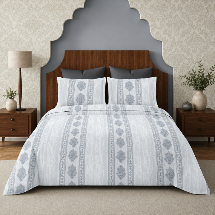 Aarniva 100% Cotton Bedsheet Set | King/Queen | Soft & Breathable | Silver Medallion Stripe | 4-Piece Set