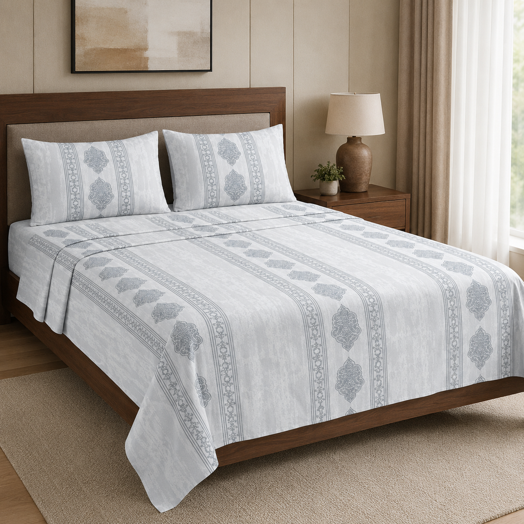 Aarniva 100% Cotton Bedsheet Set | King/Queen | Soft & Breathable | Silver Medallion Stripe | 4-Piece Set