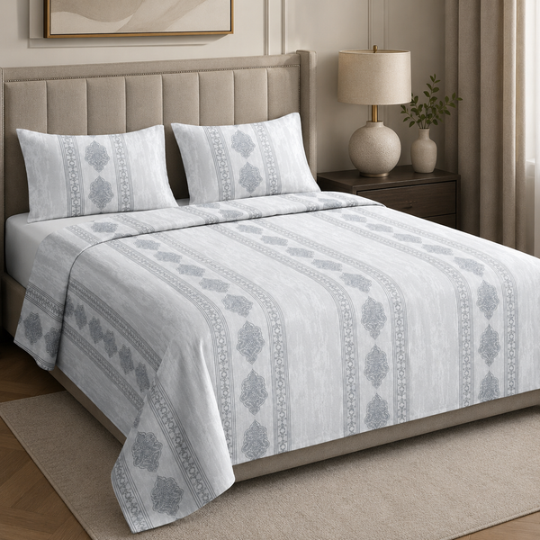 Aarniva 100% Cotton Bedsheet Set | King/Queen | Soft & Breathable | Silver Medallion Stripe | 4-Piece Set