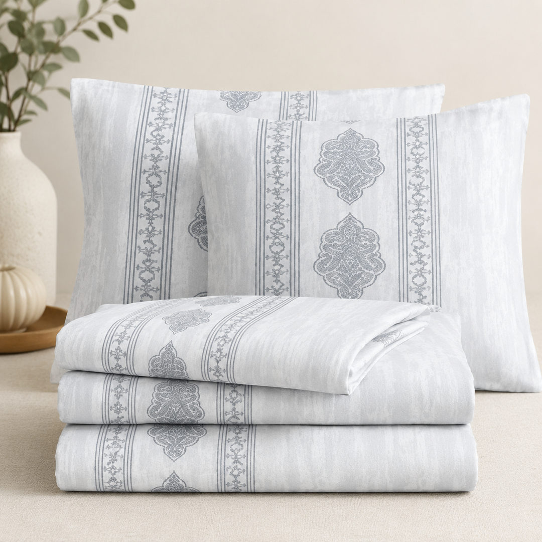 Aarniva 100% Cotton Bedsheet Set | King/Queen | Soft & Breathable | Silver Medallion Stripe | 4-Piece Set