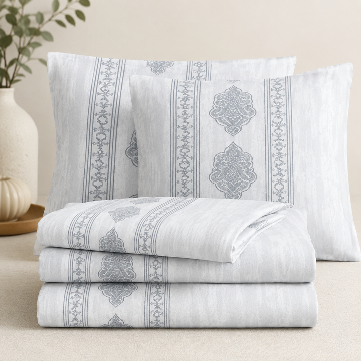 Aarniva 100% Cotton Bedsheet Set | King/Queen | Soft & Breathable | Silver Medallion Stripe | 4-Piece Set