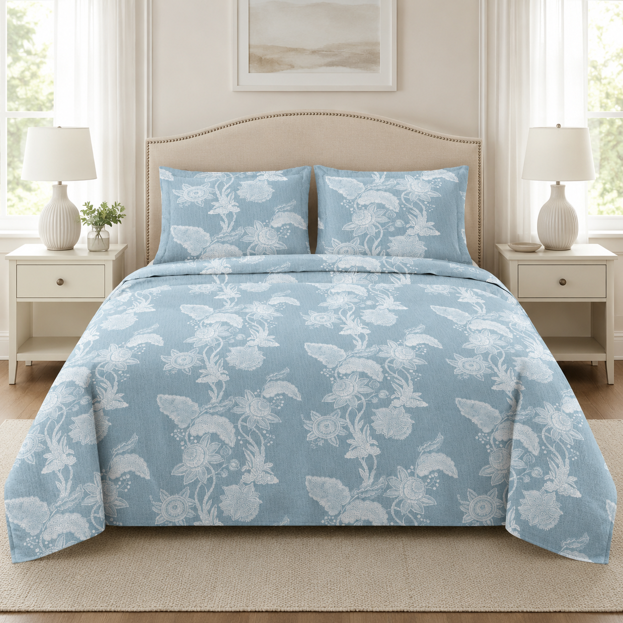 Aarniva 100% Cotton Bedsheet Set | King/Queen | Soft & Breathable | Aqua Floral | 4-Piece Set