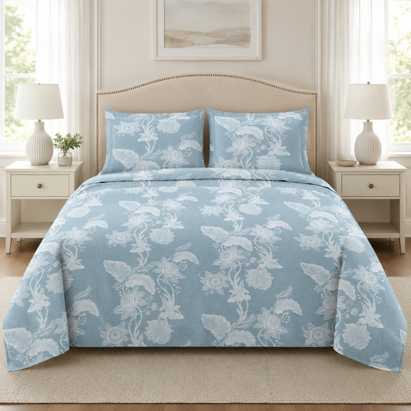 Aarniva 100% Cotton Bedsheet Set | King/Queen | Soft & Breathable | Aqua Floral | 4-Piece Set