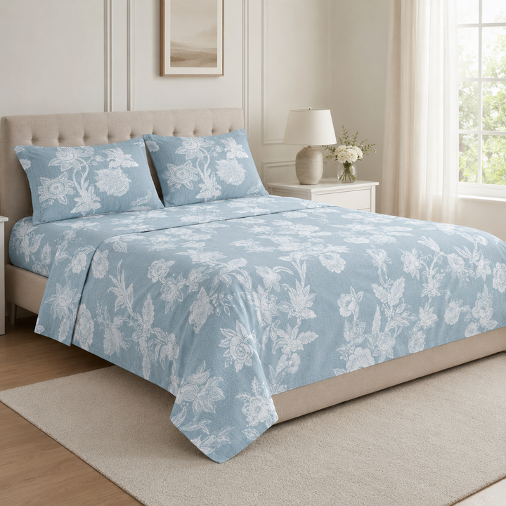 Aarniva 100% Cotton Bedsheet Set | King/Queen | Soft & Breathable | Aqua Floral | 4-Piece Set