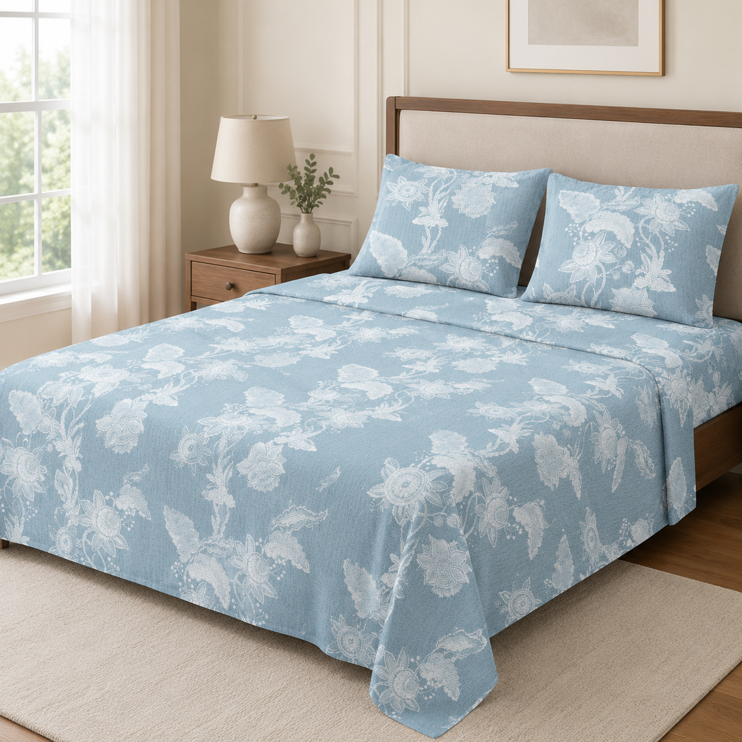 Aarniva 100% Cotton Bedsheet Set | King/Queen | Soft & Breathable | Aqua Floral | 4-Piece Set