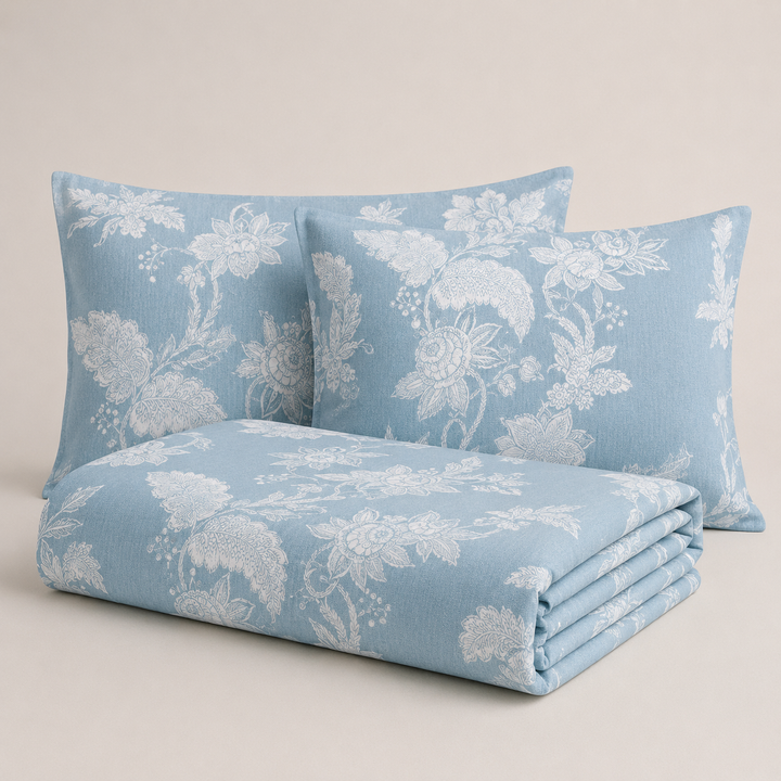 Aarniva 100% Cotton Bedsheet Set | King/Queen | Soft & Breathable | Aqua Floral | 4-Piece Set