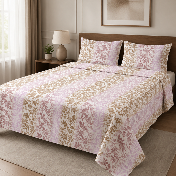 Aarniva 100% Cotton Bedsheet Set | King/Queen | Soft & Breathable | Blush Damask | 4-Piece Set