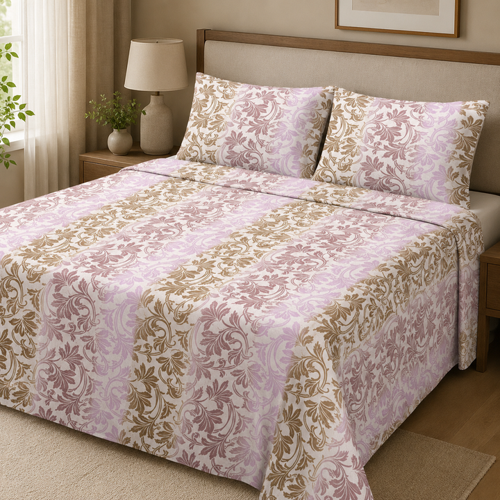 Aarniva 100% Cotton Bedsheet Set | King/Queen | Soft & Breathable | Blush Damask | 4-Piece Set