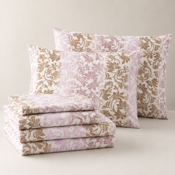 Aarniva 100% Cotton Bedsheet Set | King/Queen | Soft & Breathable | Blush Damask | 4-Piece Set