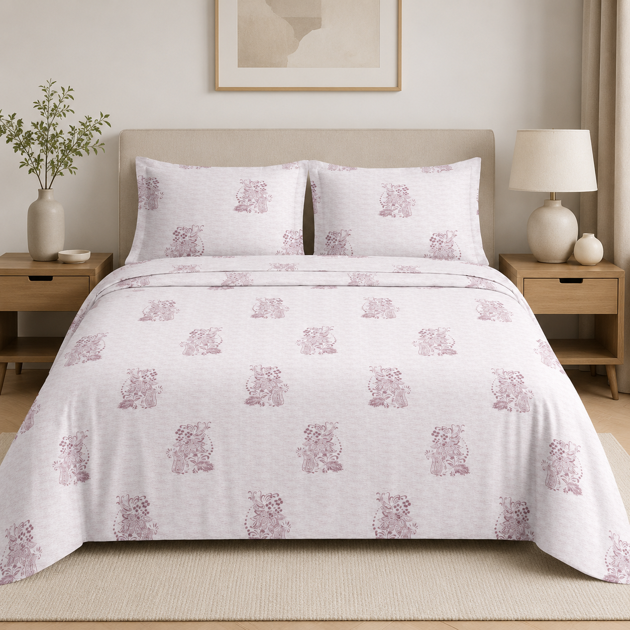 Aarniva 100% Cotton Bedsheet Set | King/Queen | Soft & Breathable | Pink Motif | 4-Piece Set
