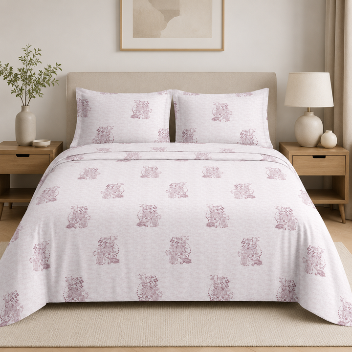 Aarniva 100% Cotton Bedsheet Set | King/Queen | Soft & Breathable | Pink Motif | 4-Piece Set