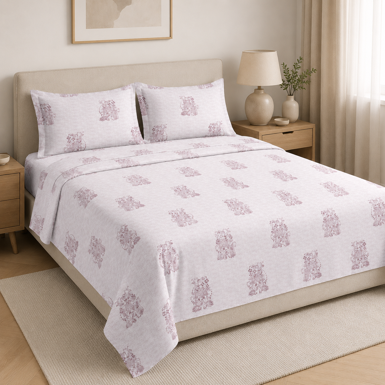 Aarniva 100% Cotton Bedsheet Set | King/Queen | Soft & Breathable | Pink Motif | 4-Piece Set