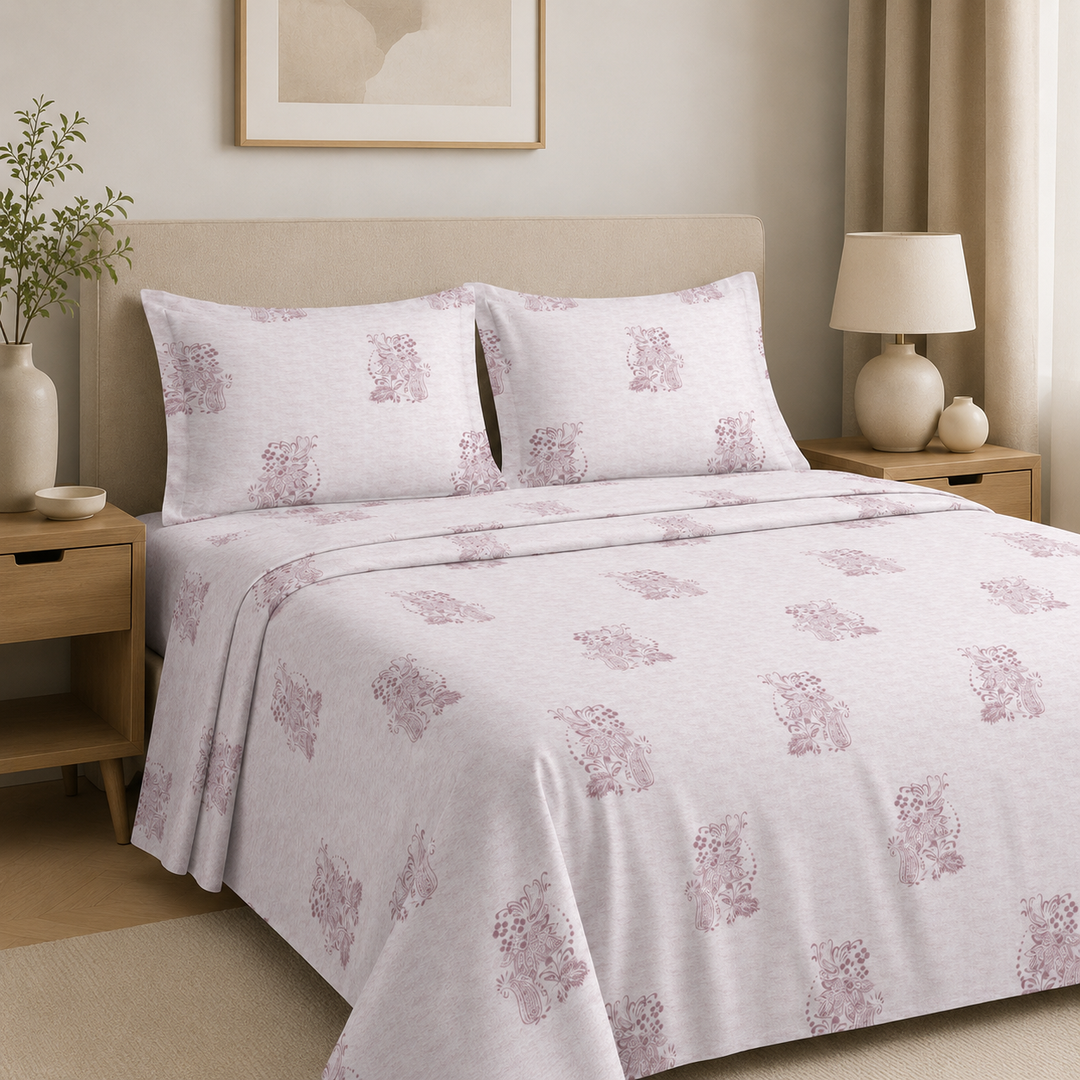 Aarniva 100% Cotton Bedsheet Set | King/Queen | Soft & Breathable | Pink Motif | 4-Piece Set