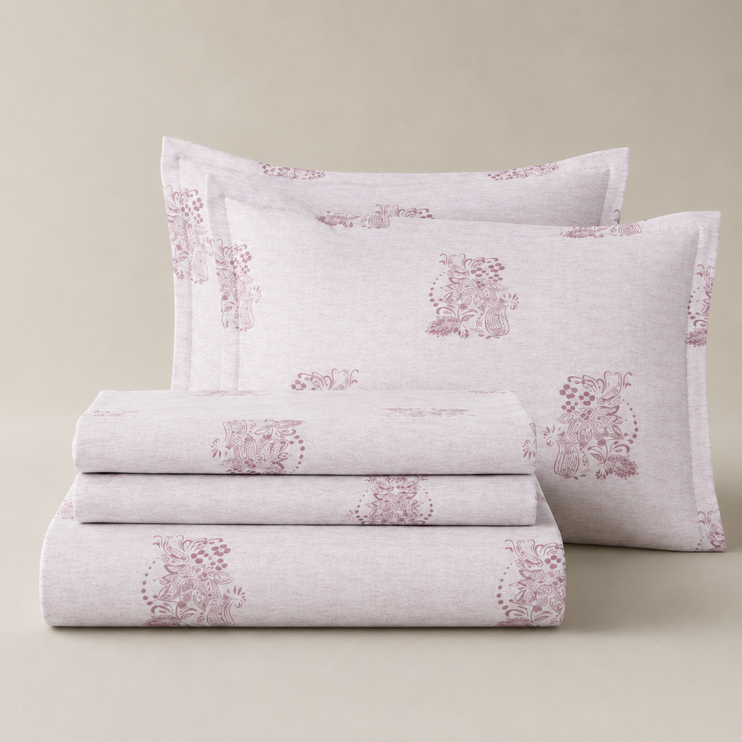 Aarniva 100% Cotton Bedsheet Set | King/Queen | Soft & Breathable | Pink Motif | 4-Piece Set