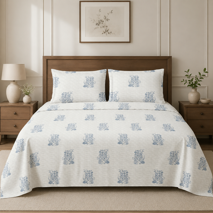 Aarniva 100% Cotton Bedsheet Set | King/Queen | Soft & Breathable | Blue Motif | 4-Piece Set