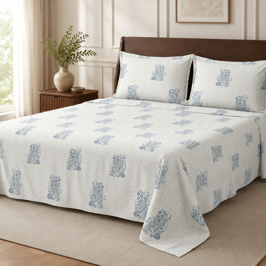 Aarniva 100% Cotton Bedsheet Set | King/Queen | Soft & Breathable | Blue Motif | 4-Piece Set