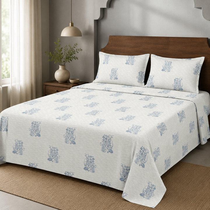 Aarniva 100% Cotton Bedsheet Set | King/Queen | Soft & Breathable | Blue Motif | 4-Piece Set