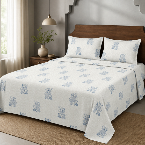 Aarniva 100% Cotton Bedsheet Set | King/Queen | Soft & Breathable | Blue Motif | 4-Piece Set