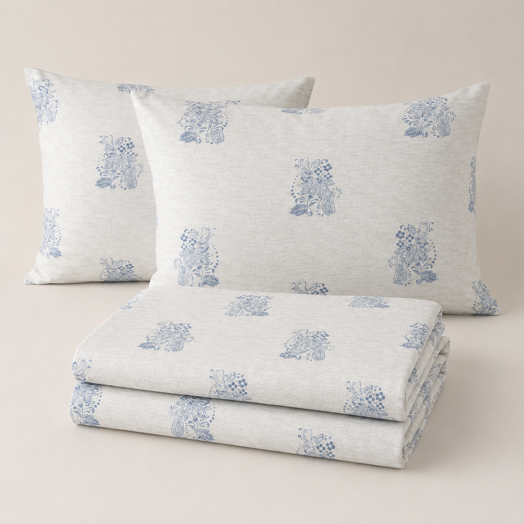 Aarniva 100% Cotton Bedsheet Set | King/Queen | Soft & Breathable | Blue Motif | 4-Piece Set