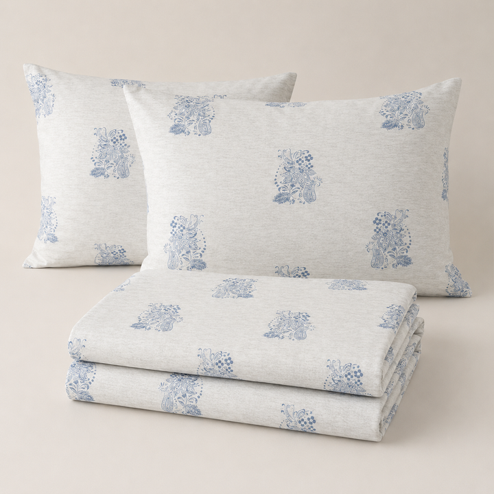Aarniva 100% Cotton Bedsheet Set | King/Queen | Soft & Breathable | Blue Motif | 4-Piece Set