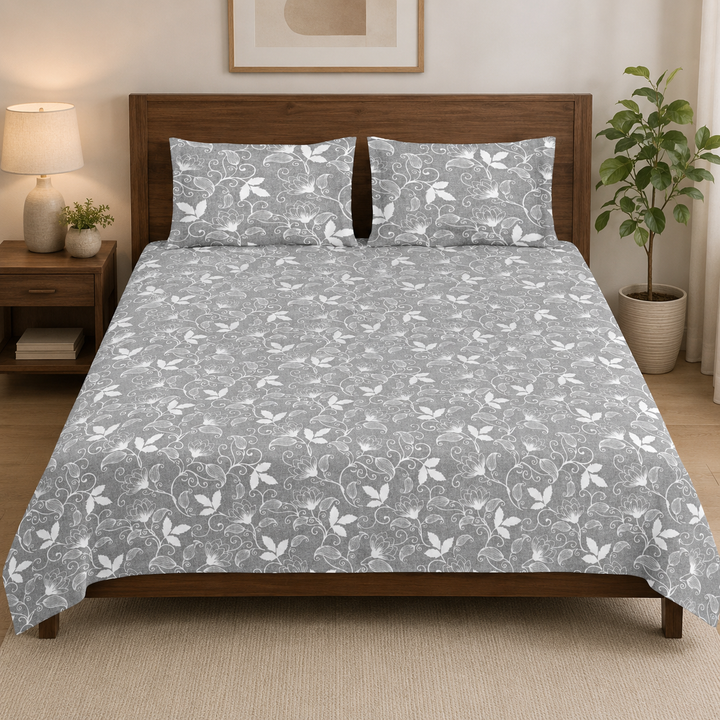 Aarniva 100% Cotton Bedsheet Set | King/Queen | Soft & Breathable | Silver Floral | 4-Piece Set