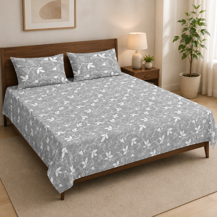 Aarniva 100% Cotton Bedsheet Set | King/Queen | Soft & Breathable | Silver Floral | 4-Piece Set