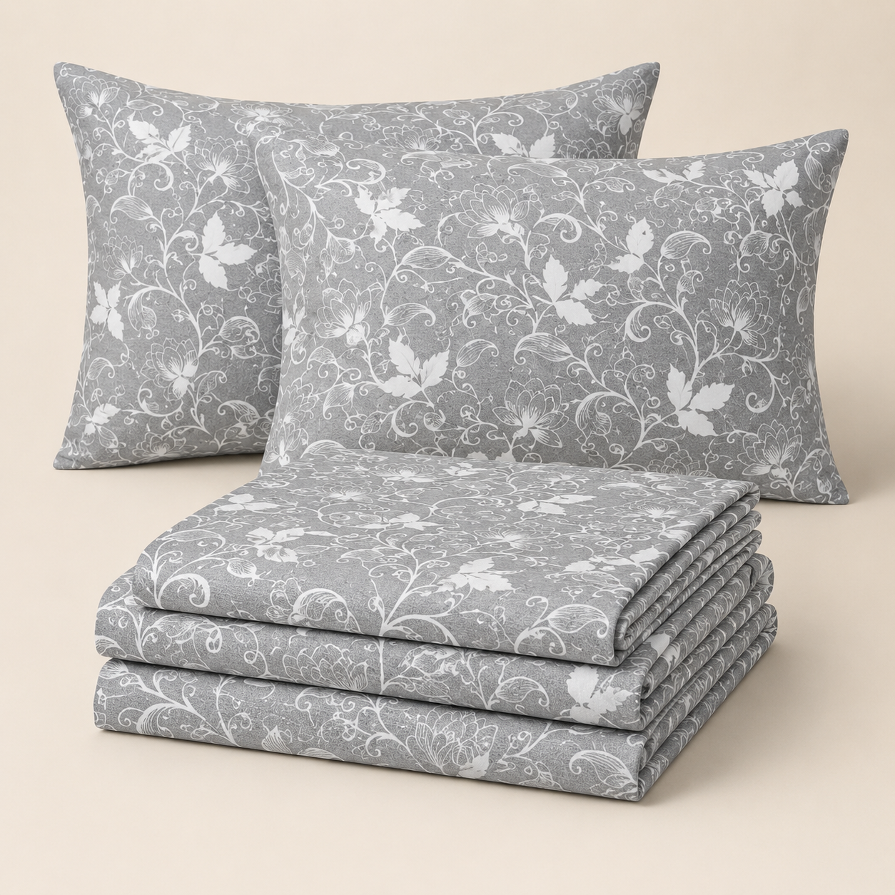 Aarniva 100% Cotton Bedsheet Set | King/Queen | Soft & Breathable | Silver Floral | 4-Piece Set