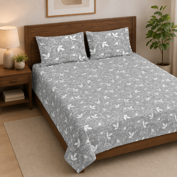 Aarniva 100% Cotton Bedsheet Set | King/Queen | Soft & Breathable | Silver Floral | 4-Piece Set