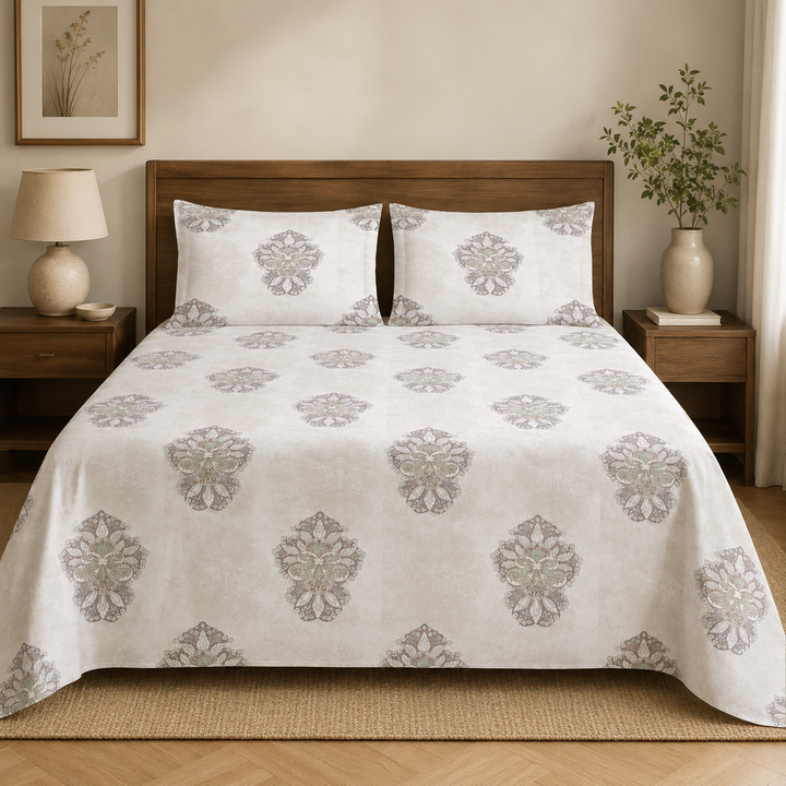 Aarniva 100% Cotton Bedsheet Set | King/Queen | Soft & Breathable | Ivory Motif | 4-Piece Set
