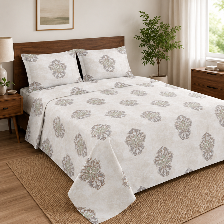 Aarniva 100% Cotton Bedsheet Set | King/Queen | Soft & Breathable | Ivory Motif | 4-Piece Set