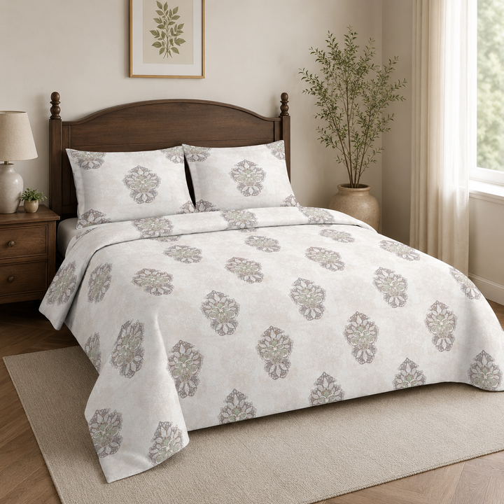 Aarniva 100% Cotton Bedsheet Set | King/Queen | Soft & Breathable | Ivory Motif | 4-Piece Set
