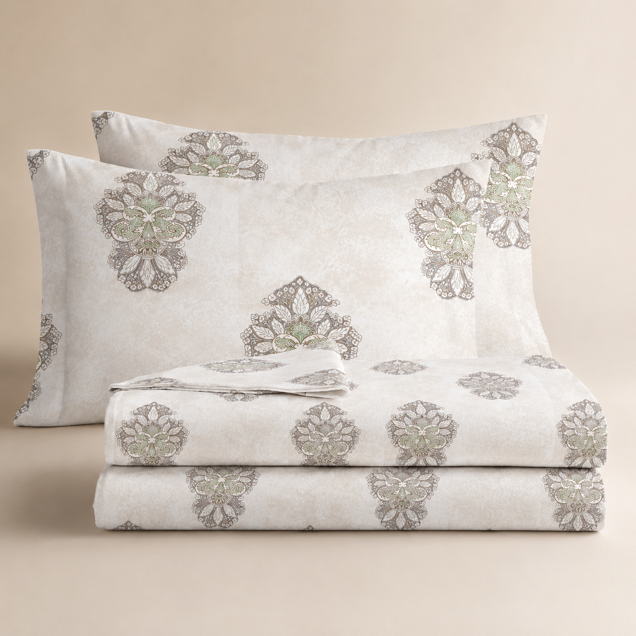 Aarniva 100% Cotton Bedsheet Set | King/Queen | Soft & Breathable | Ivory Motif | 4-Piece Set