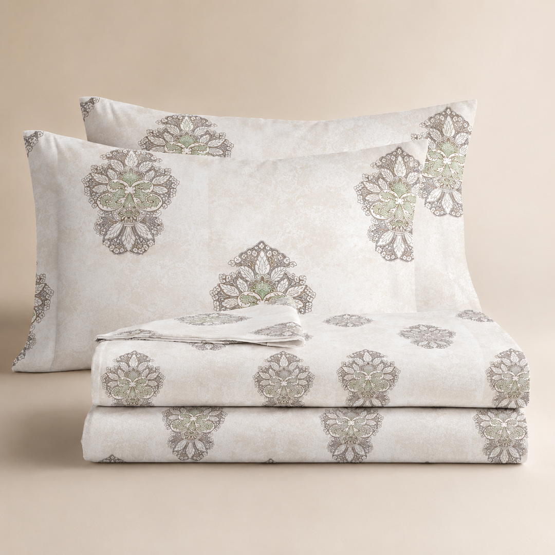 Aarniva 100% Cotton Bedsheet Set | King/Queen | Soft & Breathable | Ivory Motif | 4-Piece Set
