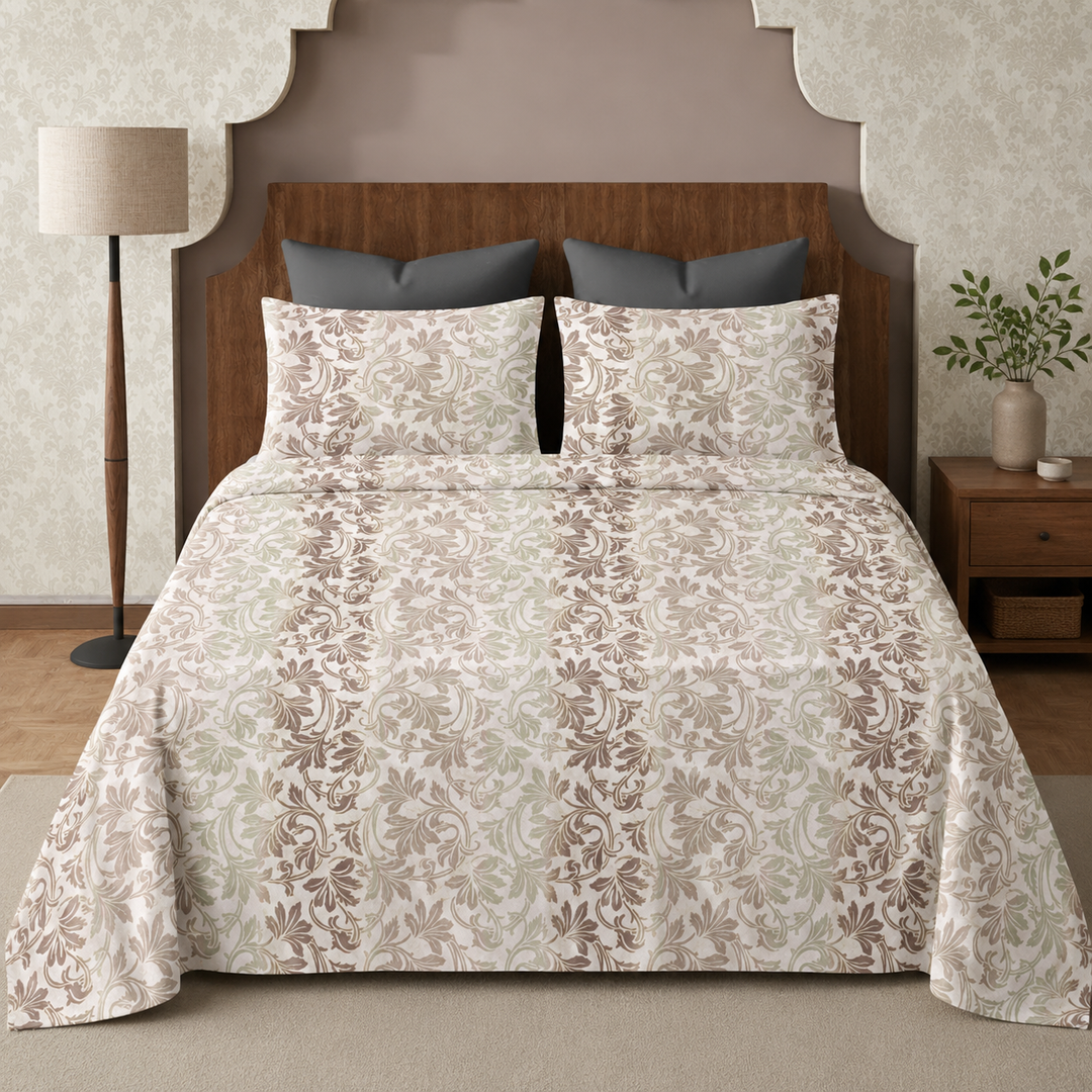 Aarniva 100% Cotton Bedsheet Set | King/Queen | Soft & Breathable | Sage Vine | 4-Piece Set