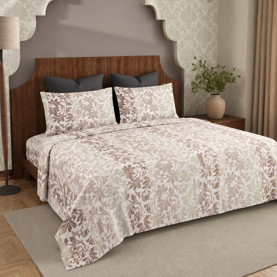 Aarniva 100% Cotton Bedsheet Set | King/Queen | Soft & Breathable | Sage Vine | 4-Piece Set