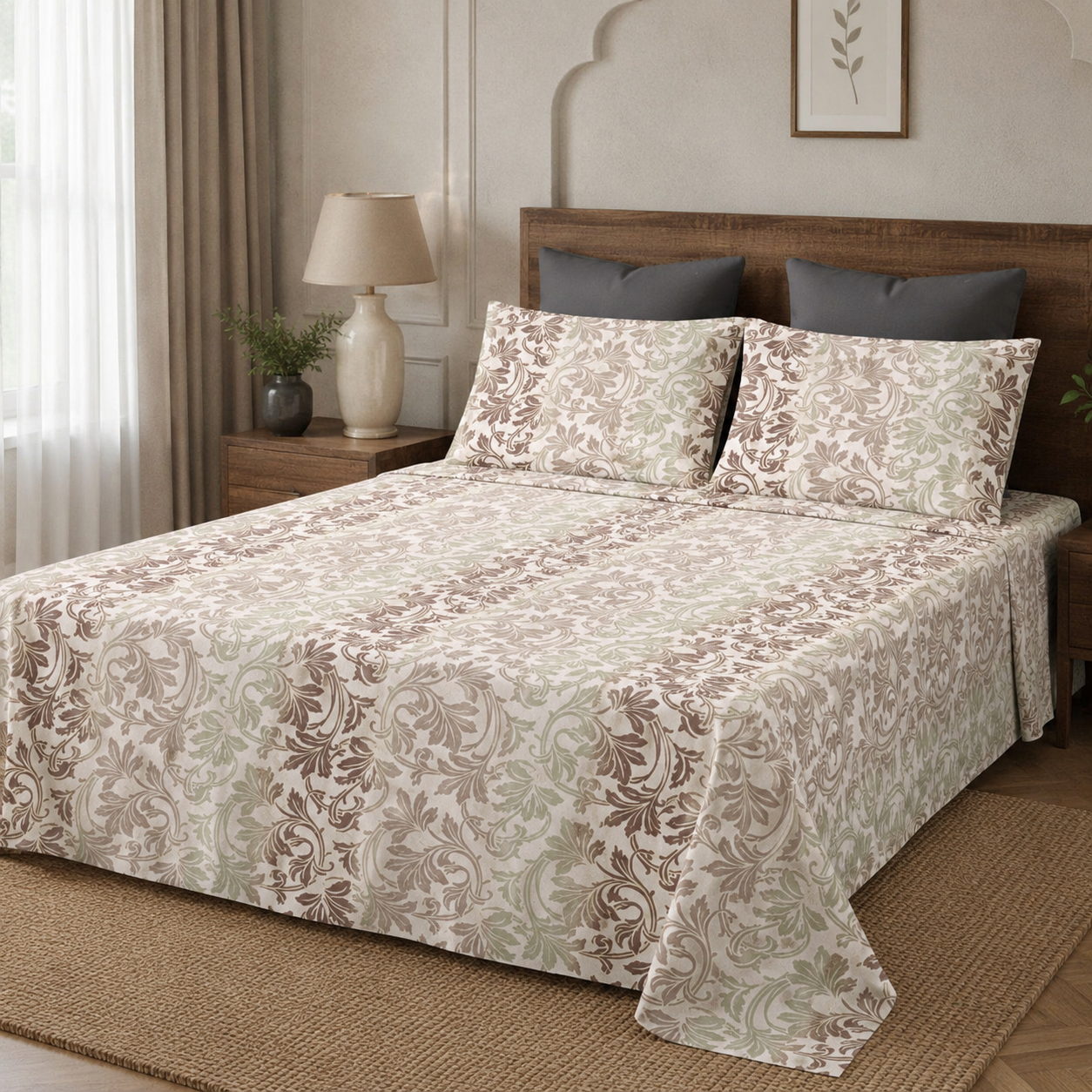 Aarniva 100% Cotton Bedsheet Set | King/Queen | Soft & Breathable | Sage Vine | 4-Piece Set
