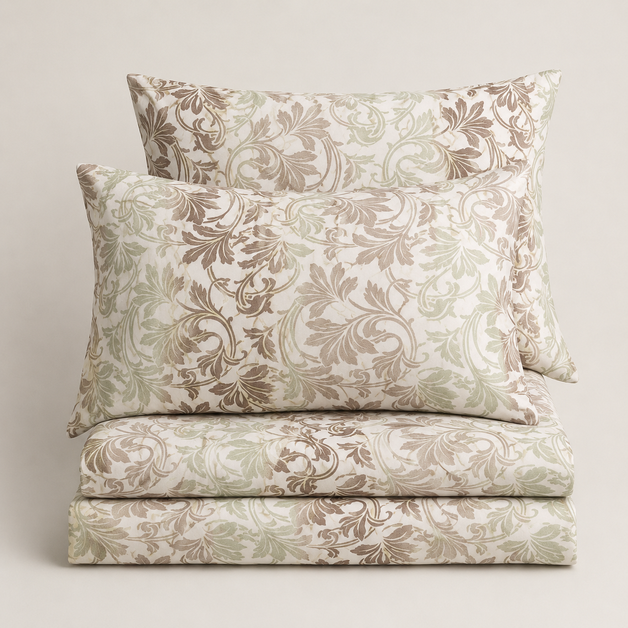 Aarniva 100% Cotton Bedsheet Set | King/Queen | Soft & Breathable | Sage Vine | 4-Piece Set