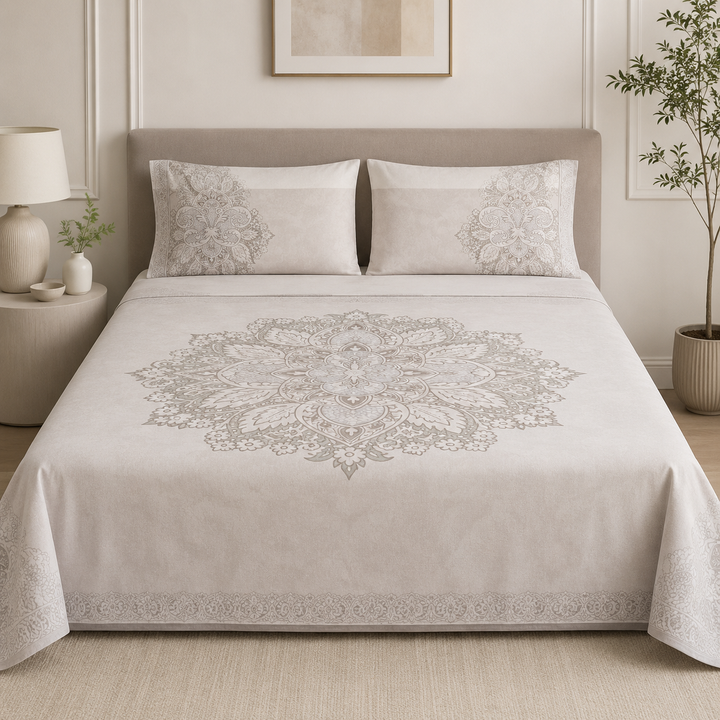 Aarniva 100% Cotton Bedsheet Set | King/Queen | Soft & Breathable | Classic Mandala | 4-Piece Set