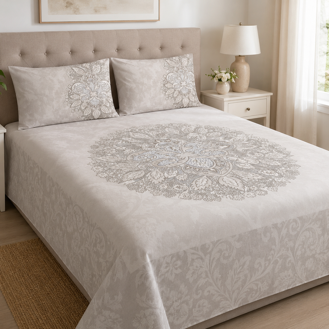 Aarniva 100% Cotton Bedsheet Set | King/Queen | Soft & Breathable | Classic Mandala | 4-Piece Set