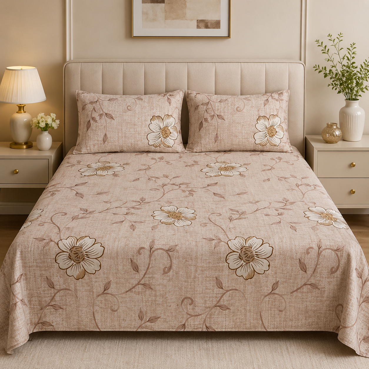Aarniva 100% Cotton Bedsheet Set | King/Queen | Soft & Breathable | Warm Floral | 4-Piece Set