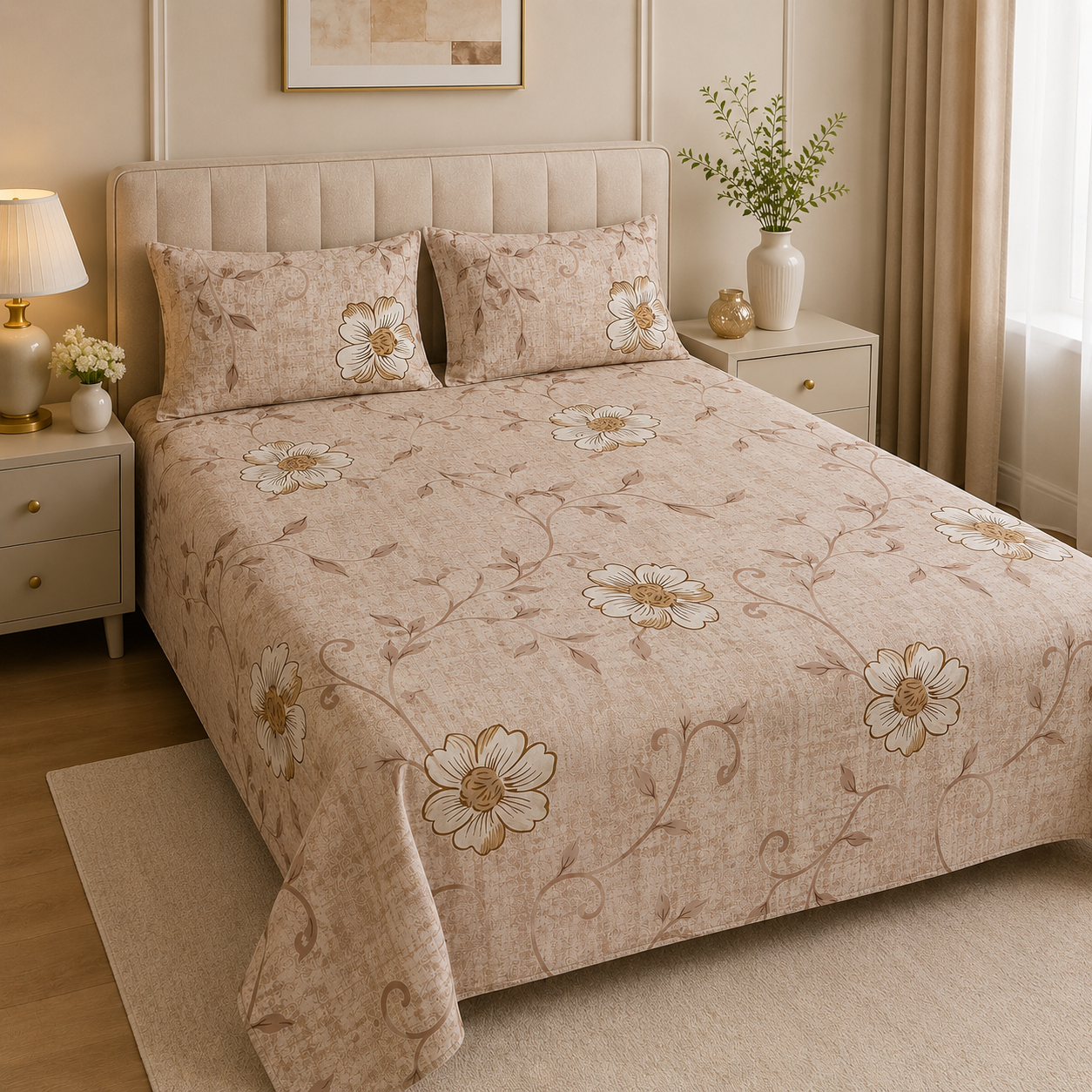 Aarniva 100% Cotton Bedsheet Set | King/Queen | Soft & Breathable | Warm Floral | 4-Piece Set